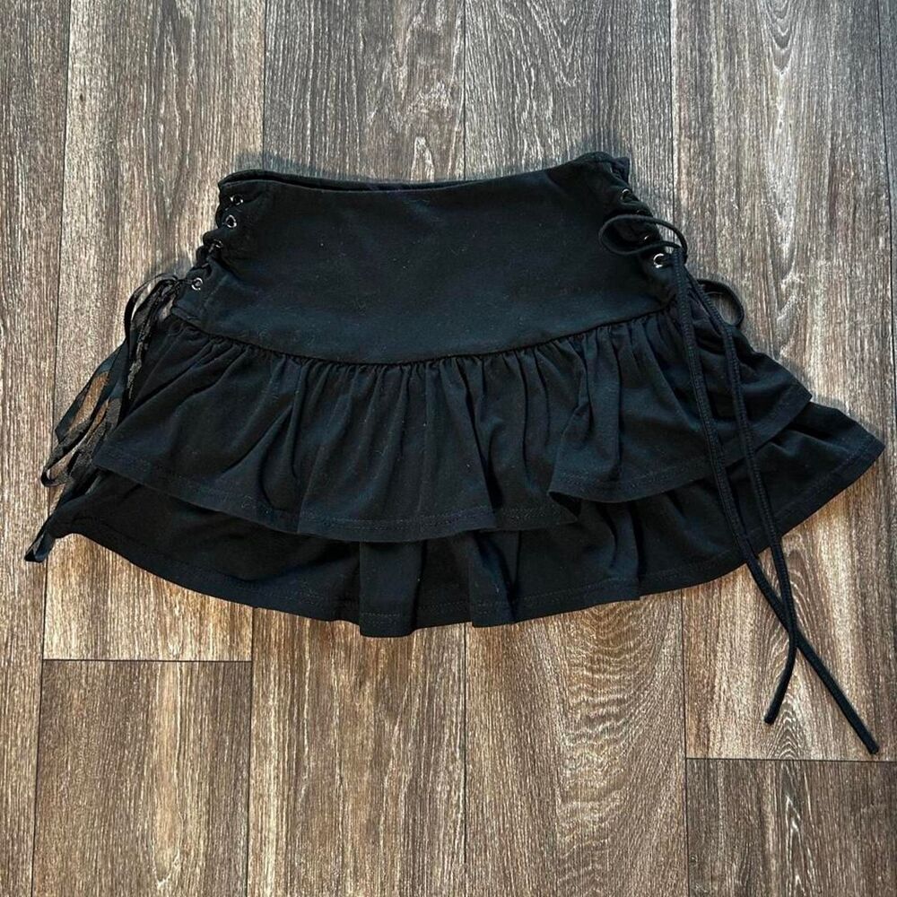 Black Lace-Up Ruffle Mini Skirt